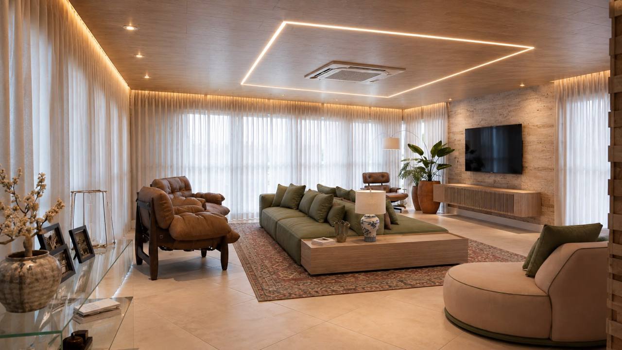 Sala ampla integrada com iluminação indireta, sofá verde, poltronas e painel de TV